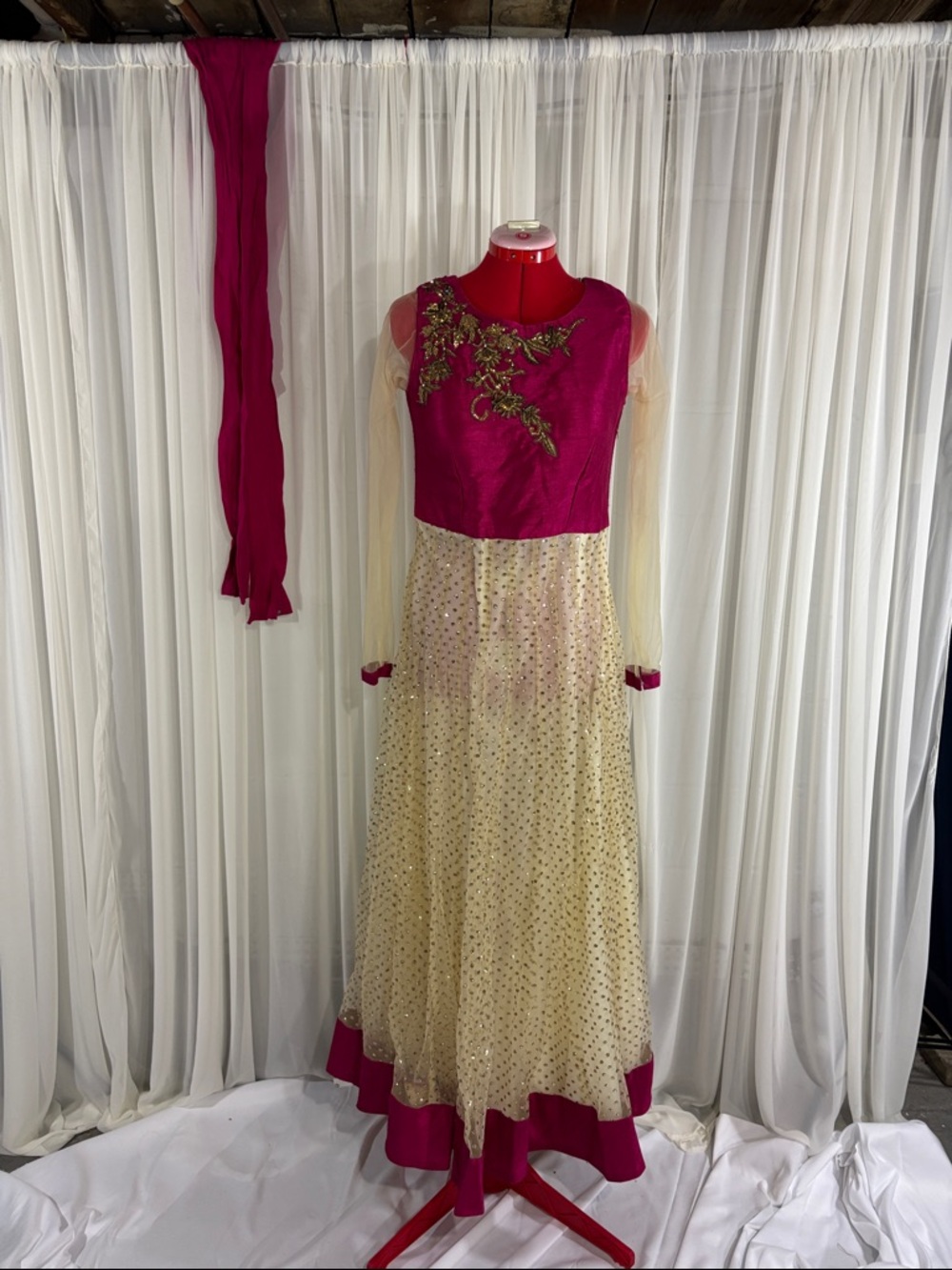 Women's Fuchsia and Cream Embellished Anarkali Dress